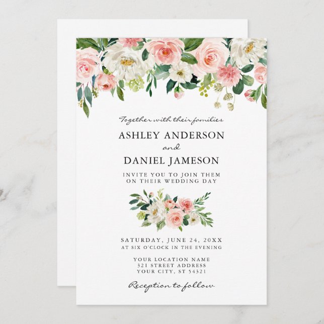  Blommigt för vattenfärgen Rosa Photo Bröllop Inbjudningar (Fram/baksida)