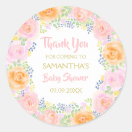 Blommigt för vattenfärgen Rosa ros i tack Baby Sho Runt Klistermärke