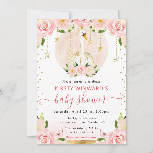 Blommigt för vattenfärgning Elegant Svan Babykläde Inbjudningar (Framsida)