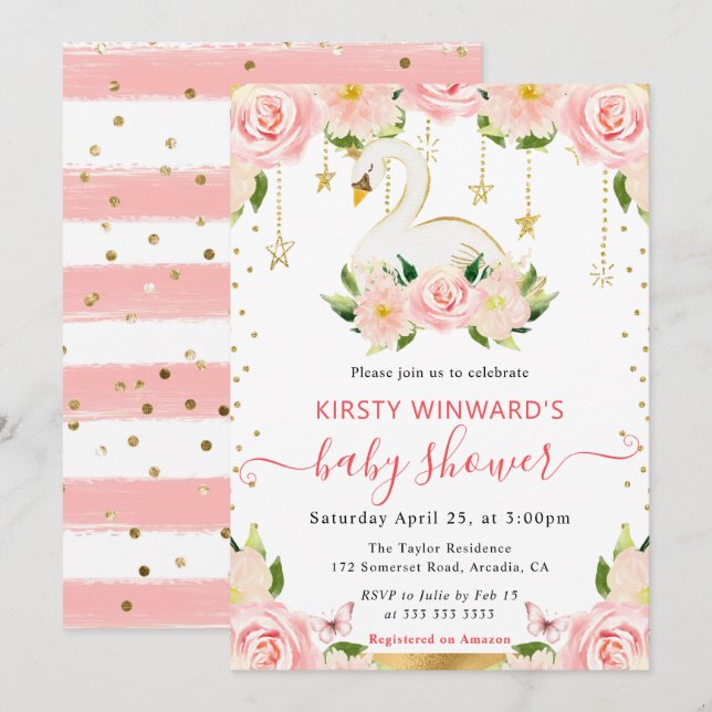 Blommigt för vattenfärgning Elegant Svan Babykläde Inbjudningar (Fram/baksida)