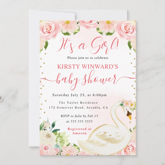 Blommigt för vattenfärgning Elegant Svan Babykläde Inbjudningar (Framsida)