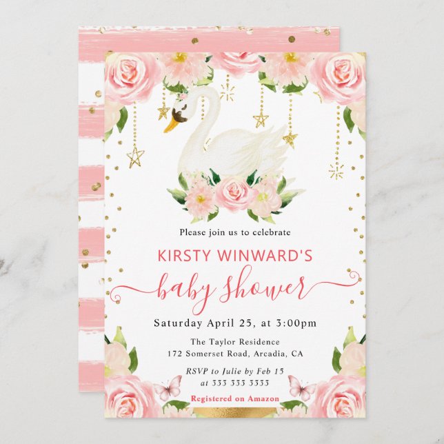 Blommigt för vattenfärgning Elegant Svan Babykläde Inbjudningar (Fram/baksida)