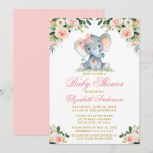 Blommigt för vattenfärgning Rosa Elephant Bow Baby Inbjudningar