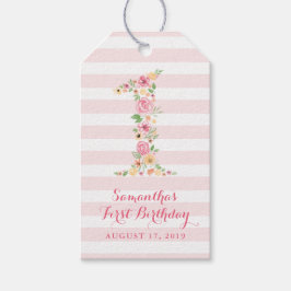 Blommigt för vattenfärgning Rosa en första födelse Presentetikett