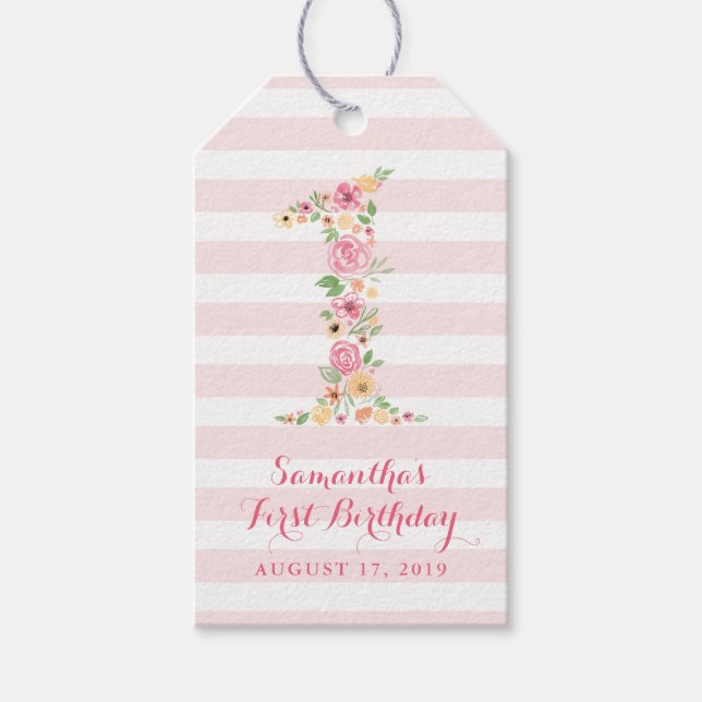 Blommigt för vattenfärgning Rosa en första födelse Presentetikett (Framsidan)