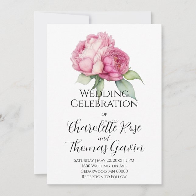 Blommigt för vattenfärgning rosa rosa peonies rosa inbjudningar (Framsida)