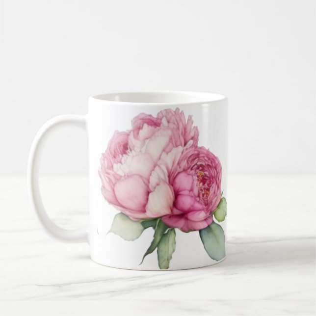 Blommigt för vattenfärgning rosa rosa peonies rosa kaffemugg (Vänster)