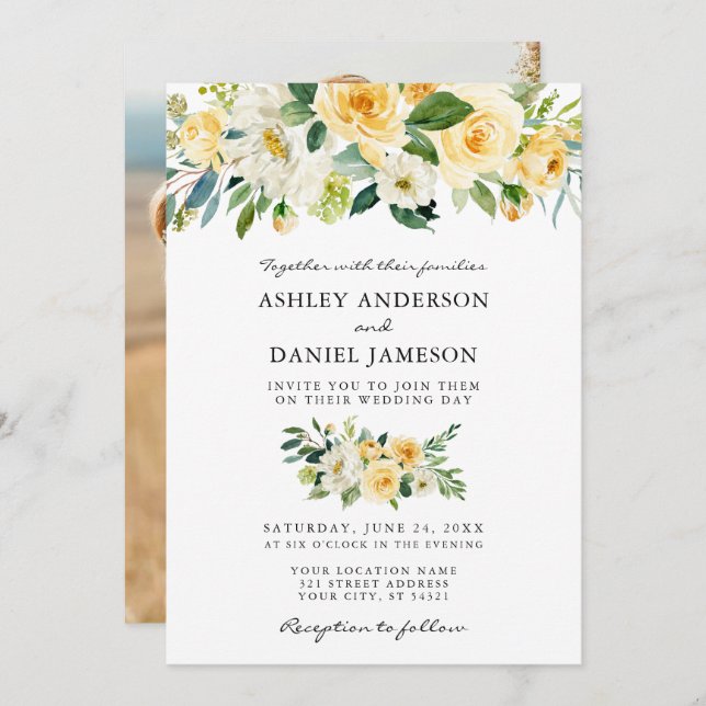 Blommigt för vattenfärgsbild, Gult, foto Bröllop Inbjudningar (Fram/baksida)