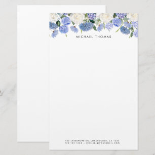 Blommigt för vattenfärgsblå Hydrangeas & Vit ros Brevpapper