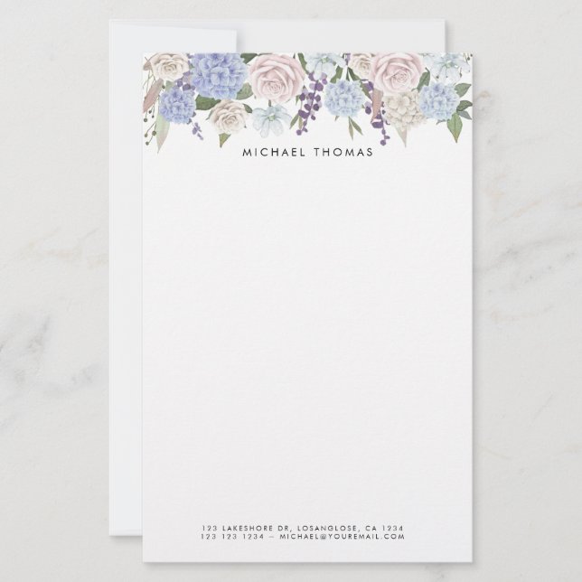 Blommigt för vattenfärgsblå Hydrangeas & Vit ros Brevpapper (Framsida)