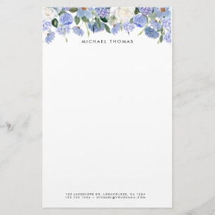 Blommigt för vattenfärgsblå Hydrangeas & Vit ros Brevpapper