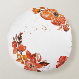Blommigt för vattenfärgsfärgad orange spegel rund kudde