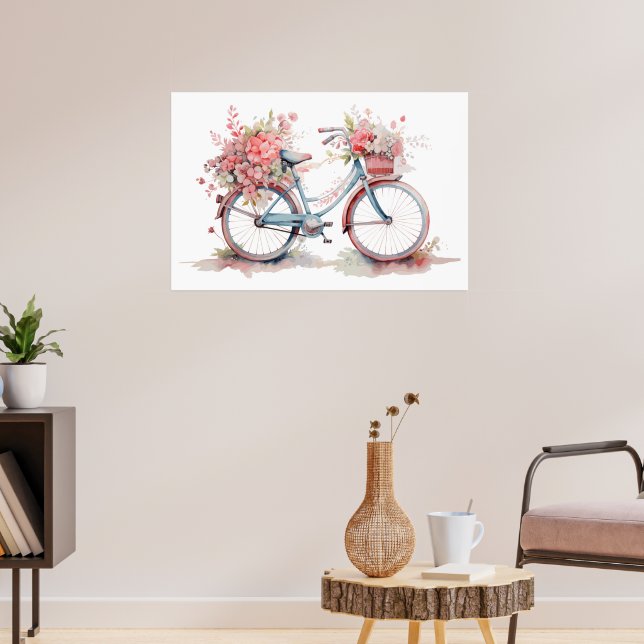 Blommigt för vattenfärgsRosa Bicycle Poster (Vardagsrum 3)