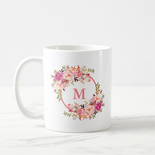 Blommigt för vattenfärgsRosa Monogram Kaffemugg (Vänster)