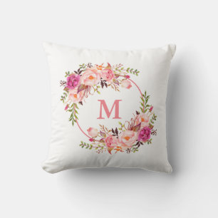 Blommigt för vattenfärgsRosa Monogram Kudde