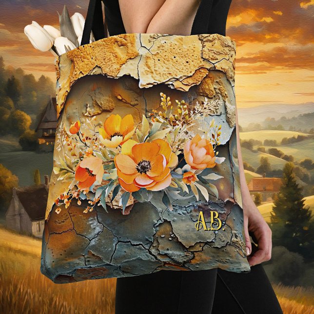 Blommigt för visemisk Abstrakt, höst Tygkasse (Tote bag featuring a colorful whimsical abstract design with orange flowers - fall - autumn)