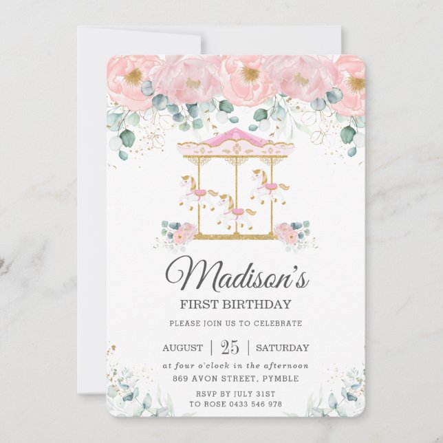 Blommigt för viskhet Rosa Karousel 1:a födelsedag  Inbjudningar (Framsida)