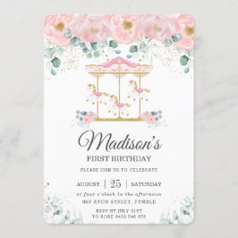 Blommigt för viskhet Rosa Karousel 1:a födelsedag  Inbjudningar