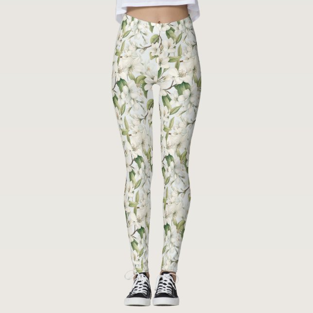 Blommigt för vit äppelBlommar, allt-över-tryck-fär Leggings (Framsida)