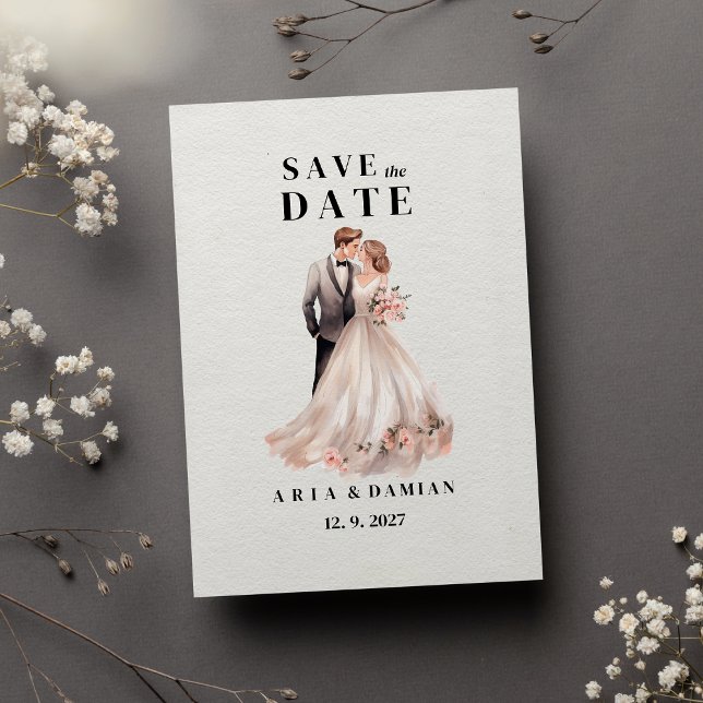 Blommigt för vit chic rosa med foto Spara datum Inbjudningar (White chic pink floral couple photo Save the Date)