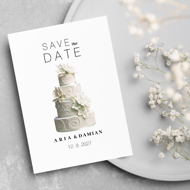 blommigt för vit grönt på elegant Spara datum Inbjudningar (Elegant white mint green floral cake Save the Date)