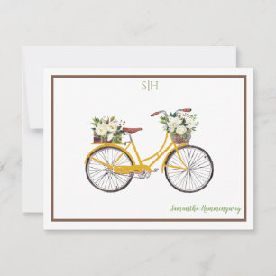 Blommigt för vit vattenfärg Cycle Monogram Namn Anteckningskort