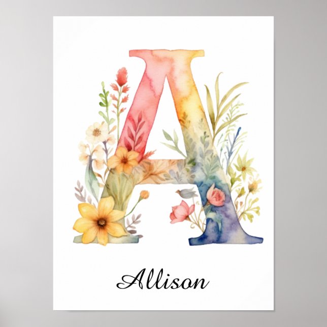 Blommigt för Wildblomma Brev A Skriv ut Poster (Framsidan)