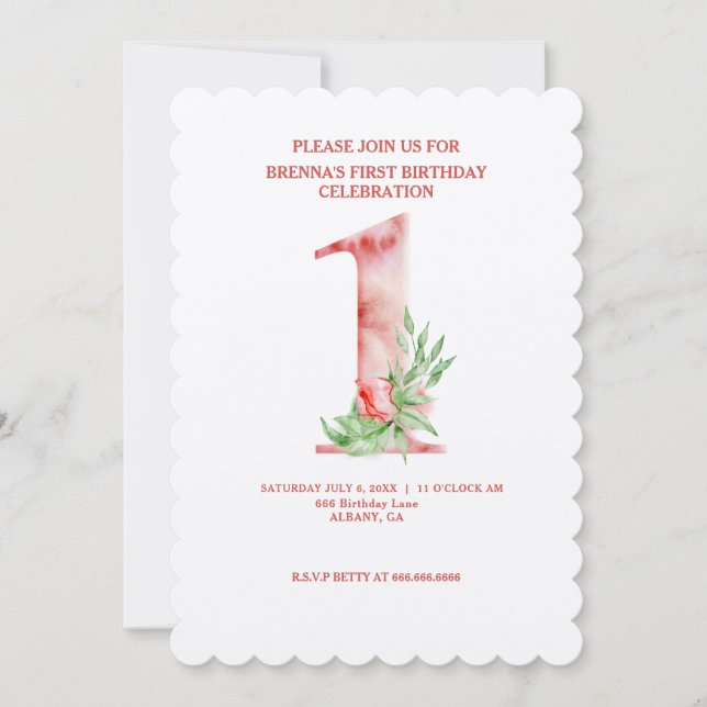 Blommigt Första födelsedag Inbjudan - Anpassningsb (Framsida)