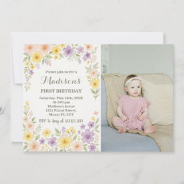 Blommigt Första födelsedagsinbjudan med foto Inbjudningar