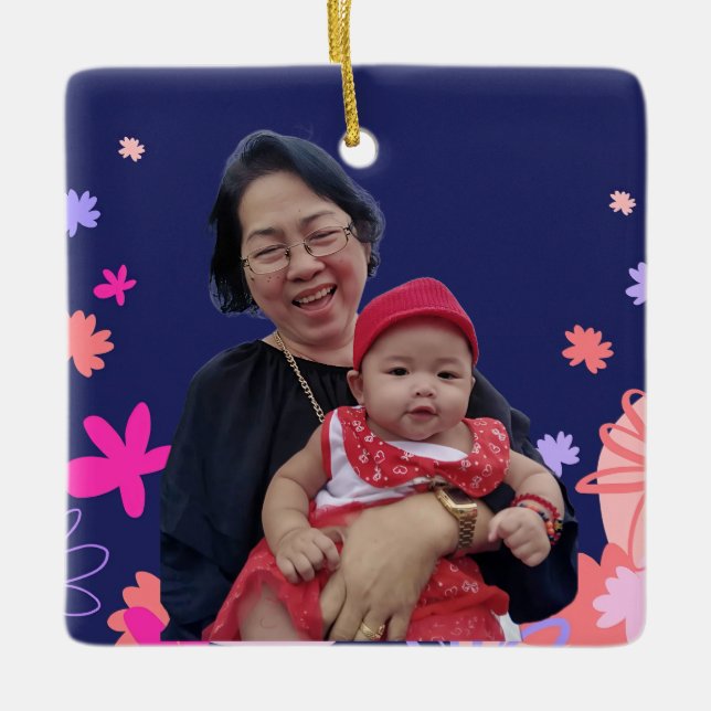 Blommigt första jultomas som mormor julgransprydnad keramik (Framsida)