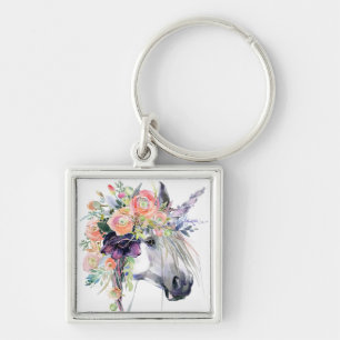 Blommigt - förtryckt Unicorn Fyrkantig Silverfärgad Nyckelring