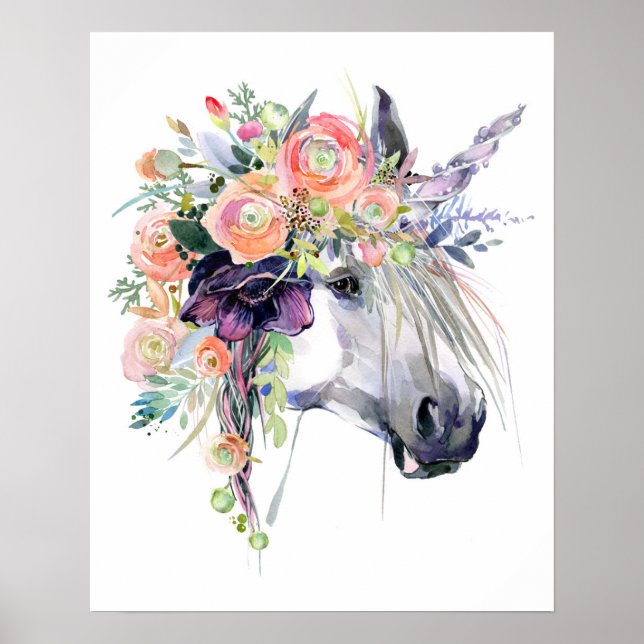 Blommigt - förtryckt Unicorn Poster (Framsidan)