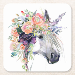 Blommigt - förtryckt Unicorn Underlägg Papper Kvadrat