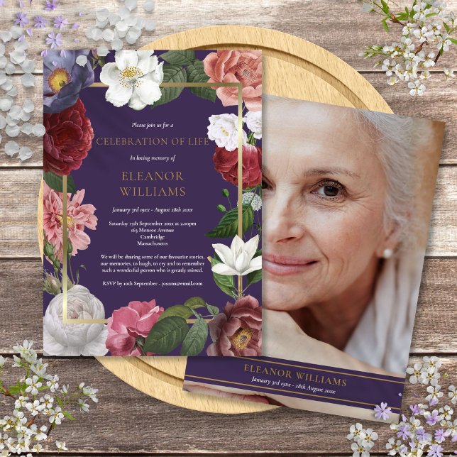 Blommigt Foto firande i Life Lila Guld Ro Inbjudningar (Celebration of Life Purple Gold Rose Floral Photo Invitation)