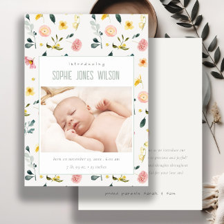  Blommigt Foto Flicka Birth Notice Tack Kort