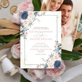 Blommigt Foto Invi med ljus damy Blue  Rosa Guld Inbjudningar