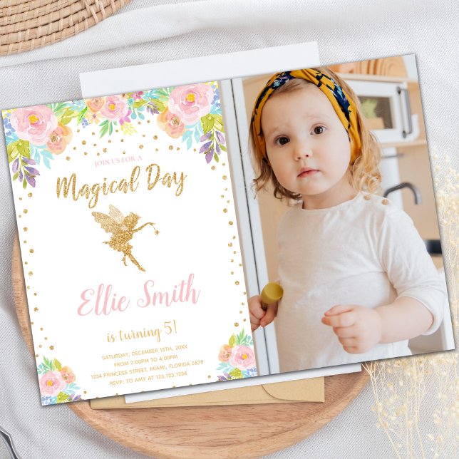 Blommigt Foto Magic Fairy Birthday-inbjudningar Inbjudningar (Floral Photo Magical Fairy Birthday Invitations)