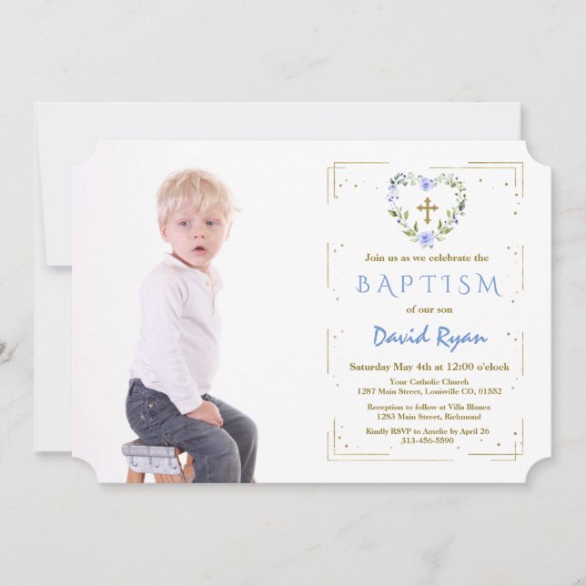 Blommigt Foto på baptism i guld Glitter Ram Kor Inbjudningar (Framsida)