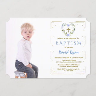 Blommigt Foto på baptism i guld Glitter Ram Kor Inbjudningar