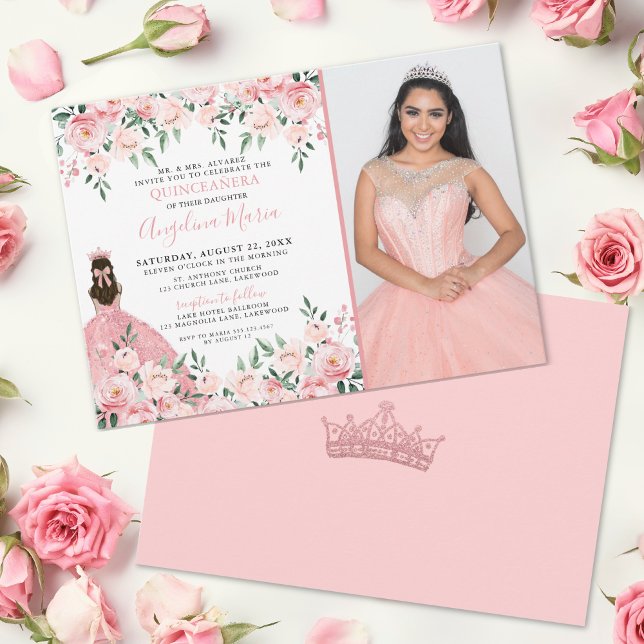 Blommigt Foto  Rosa Quinceanera Inbjudningar (Floral Photo Blush Pink Quinceanera Invitation)