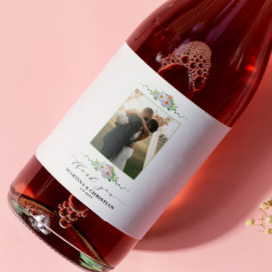 Blommigt Foto Tack Bröllop Vinflaska Etikett