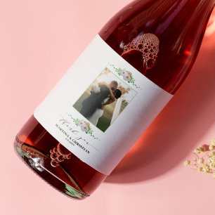 Blommigt Foto Tack Bröllop Vinflaska Etikett