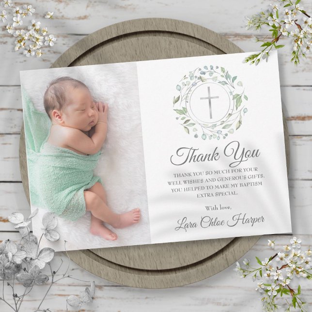 Blommigt, fotopat tack kort (Baptism, Christening Laurel Floral Photo Thank You Card)