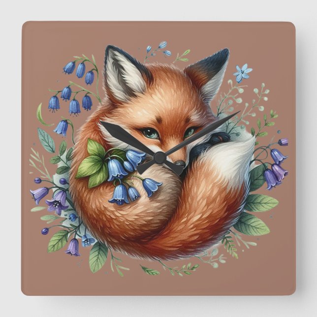 Blommigt Fox Botanical Woodland Art Fyrkantig Klocka (Framsida)