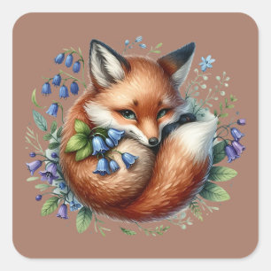 Blommigt Fox Botanical Woodland Art Fyrkantigt Klistermärke