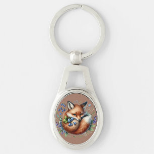 Blommigt Fox Botanical Woodland Art Ovalt Silverfärgad Nyckelring