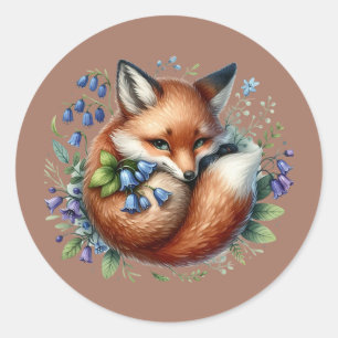 Blommigt Fox Botanical Woodland Art Runt Klistermärke