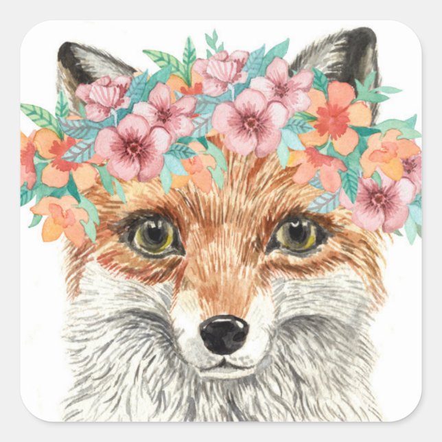 Blommigt Fox Fyrkantigt Klistermärke (Framsida)
