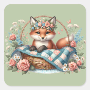 Blommigt Fox i Basket med Quilt & Flowers Fyrkantigt Klistermärke