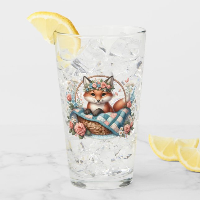 Blommigt Fox i Basket med Quilt & Flowers Glaskopp (Framsida Ice)